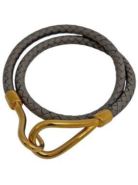 Hermes Jumbo Bracelet Bangles 2 Rows Choker Leather Gray Gold